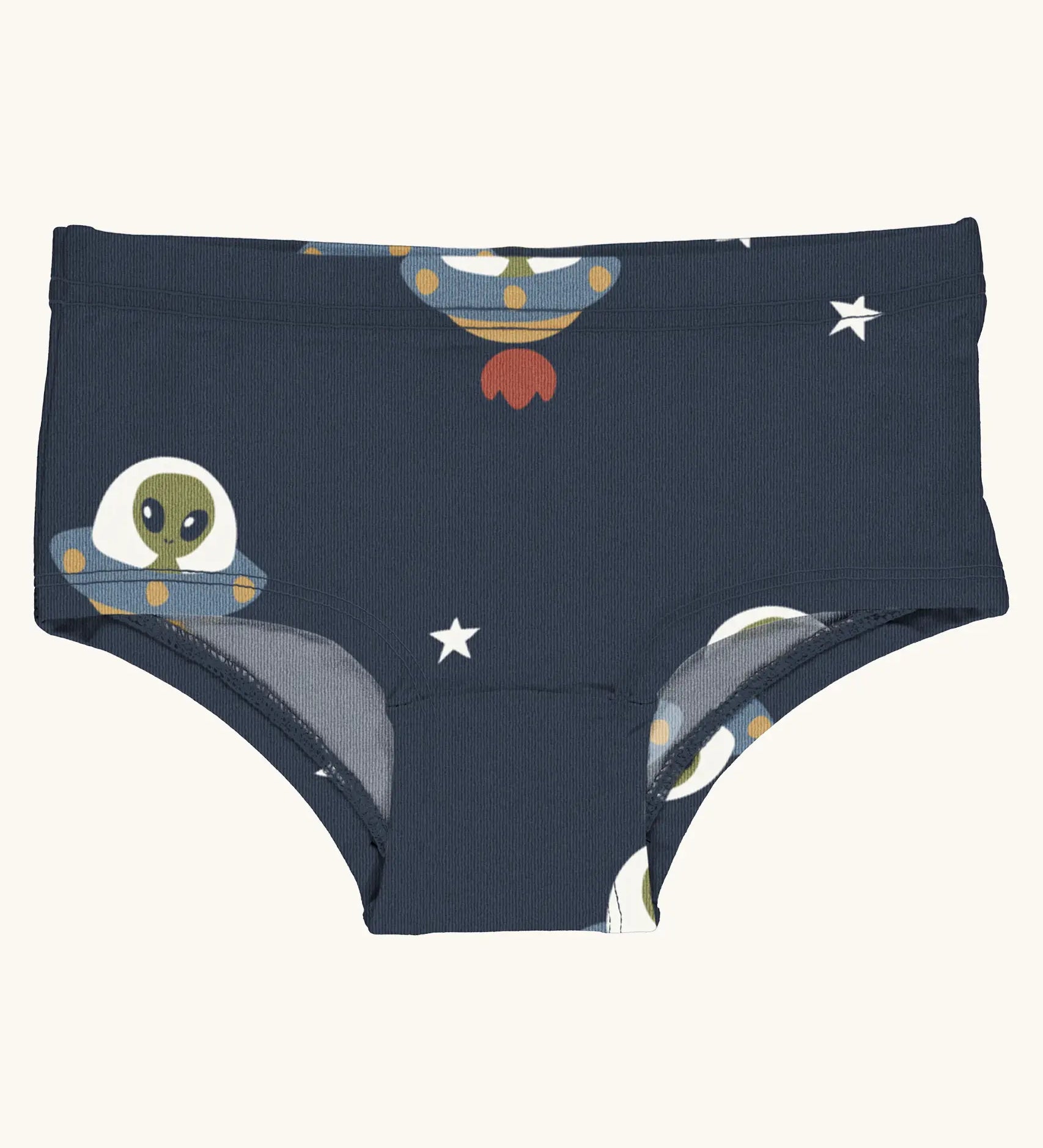 Maxomorra kids GOTS organic cotton brief hipster pants in blue with a repeating cartoon style UFO green alien print. Features a elasticated waist band.