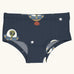 Maxomorra kids GOTS organic cotton brief hipster pants in blue with a repeating cartoon style UFO green alien print. Features a elasticated waist band.