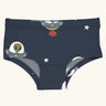 Maxomorra kids GOTS organic cotton brief hipster pants in blue with a repeating cartoon style UFO green alien print. Features a elasticated waist band.