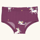 Maxomorra kids GOTS organic cotton brief hipster pants in purple with a repeating cartoon style unicorn print. Features a elasticated waist band.