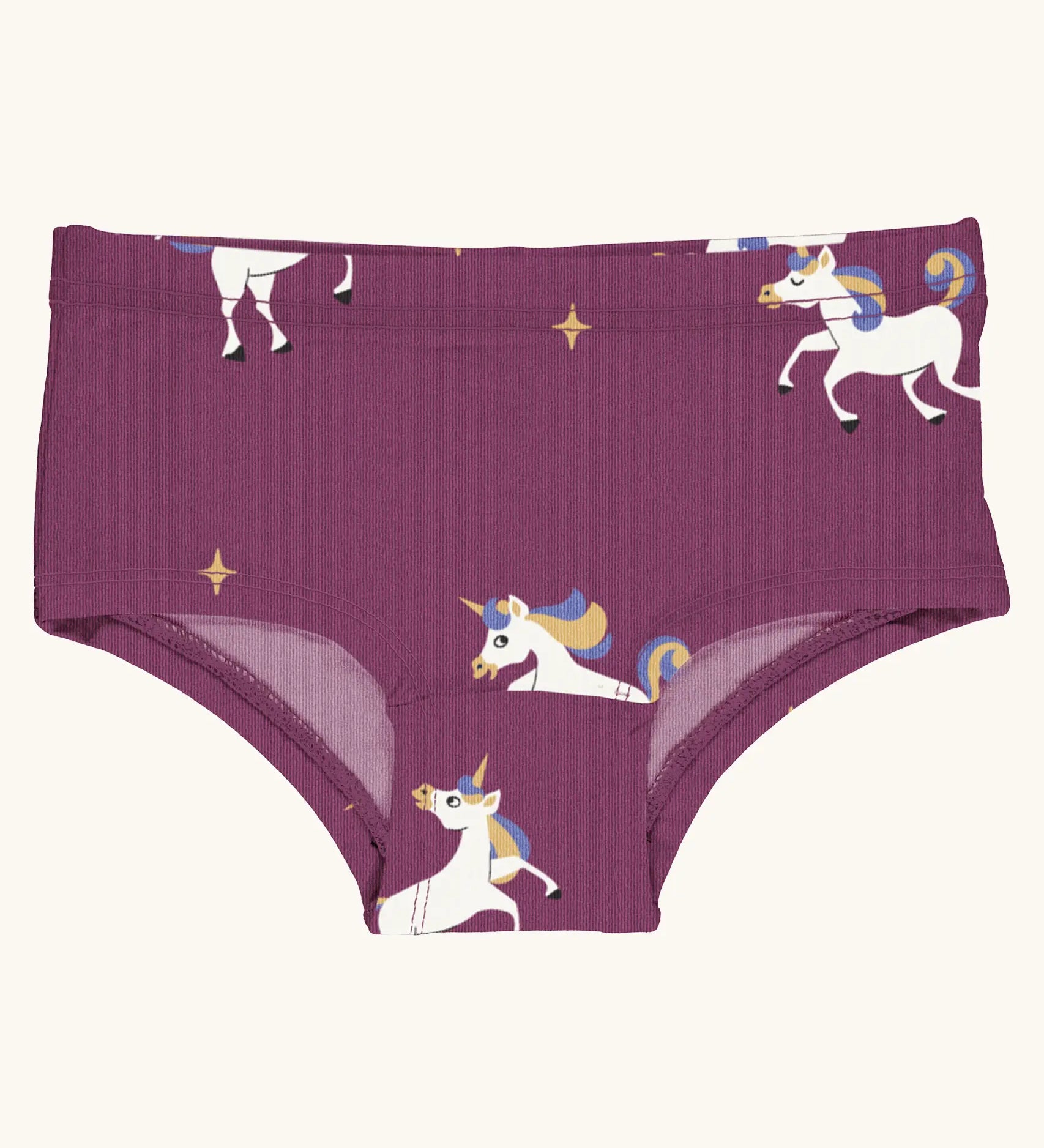Maxomorra kids GOTS organic cotton brief hipster pants in purple with a repeating cartoon style unicorn print. Features a elasticated waist band.