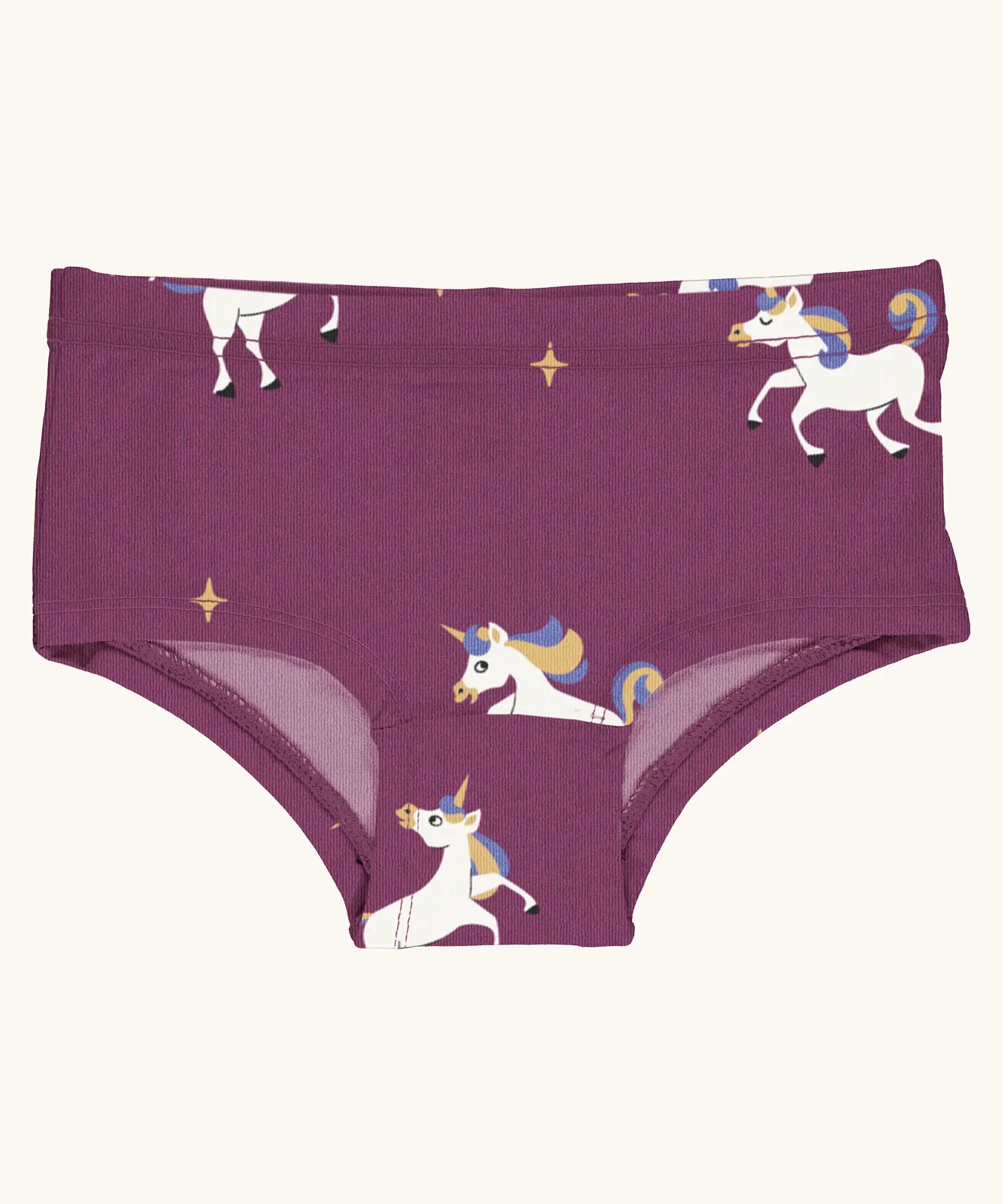 Maxomorra kids GOTS organic cotton brief hipster pants in purple with a repeating cartoon style unicorn print. Features a elasticated waist band.