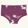 Maxomorra kids GOTS organic cotton brief hipster pants in purple with a repeating cartoon style unicorn print. Features a elasticated waist band.