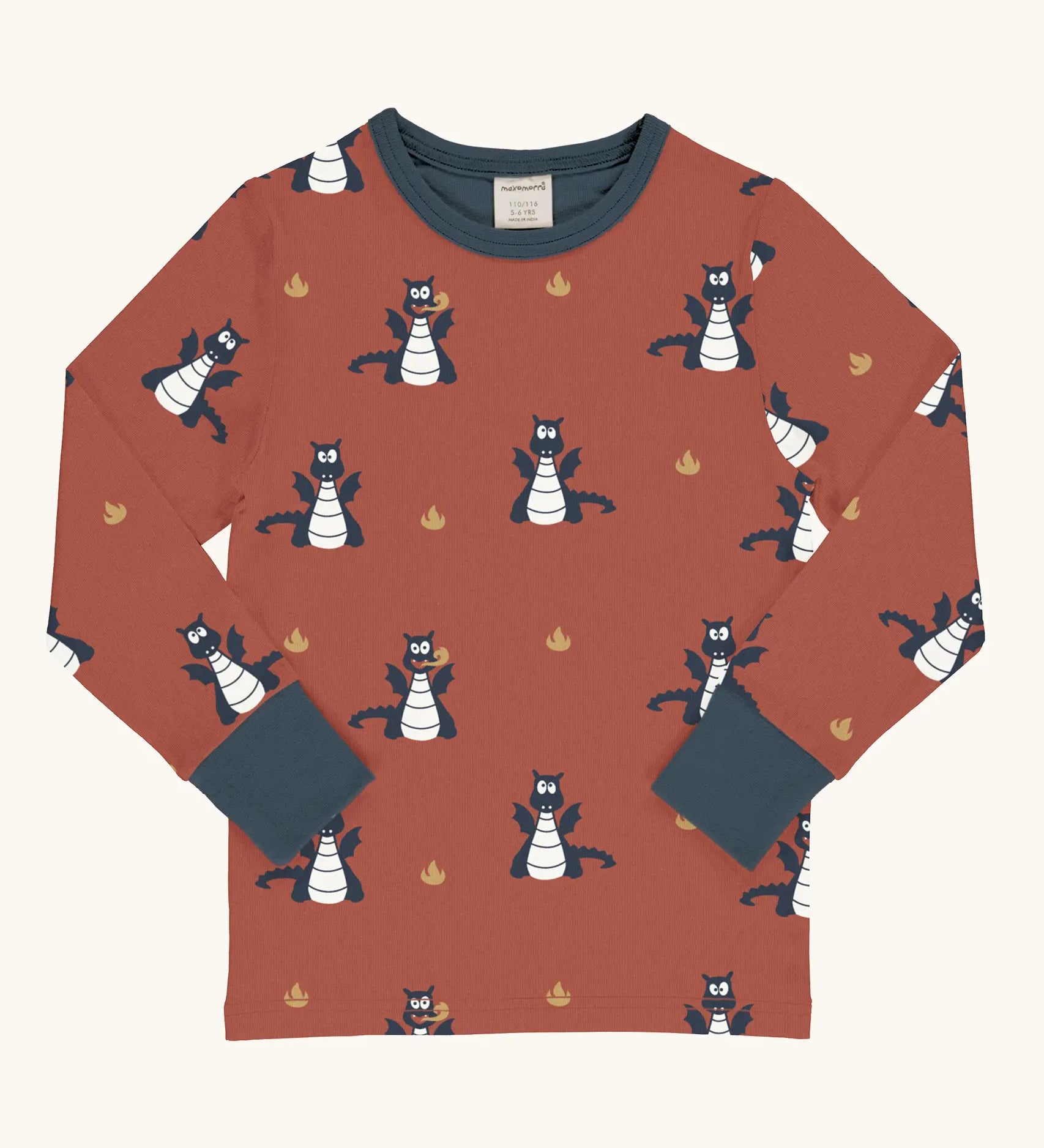 Maxomorra kids dragons organic cotton long sleeve top. Red top with repeat blue dragon print and blue arm cuffs and binding on the neck. 
