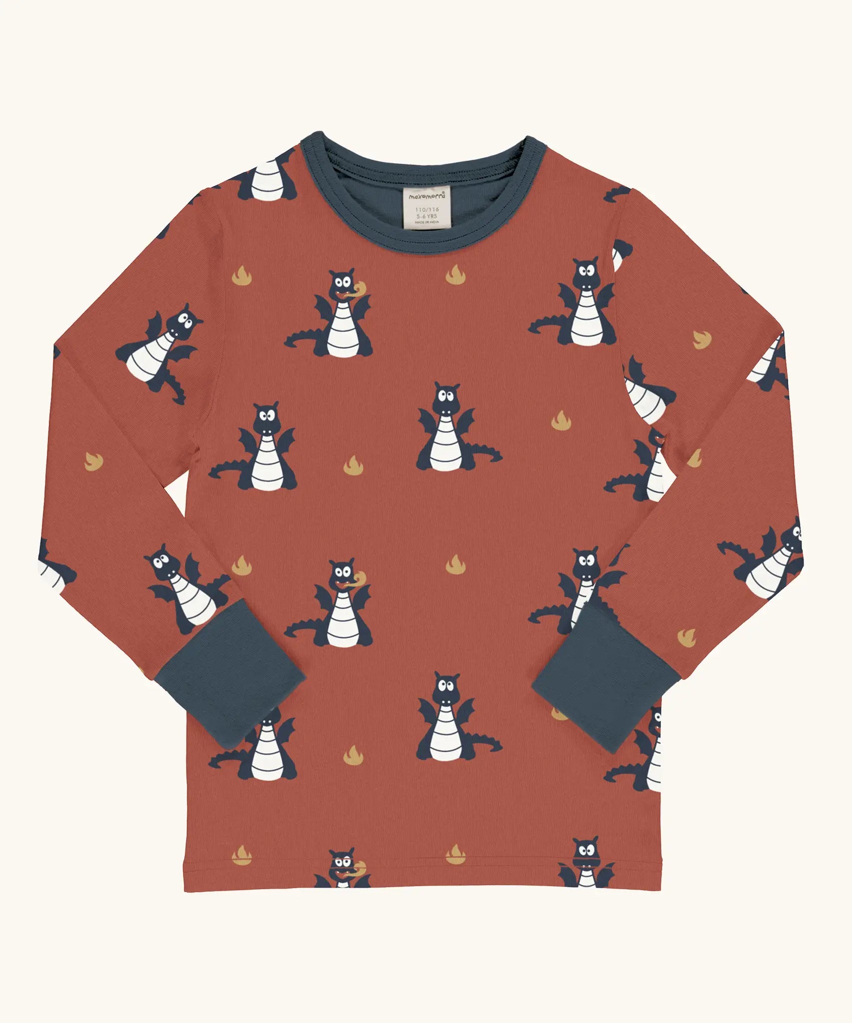 Maxomorra kids dragons organic cotton long sleeve top. Red top with repeat blue dragon print and blue arm cuffs and binding on the neck. 
