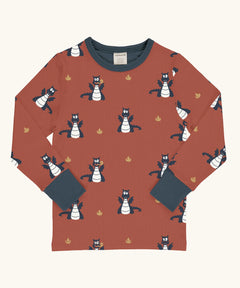 Maxomorra kids dragons organic cotton long sleeve top. Red top with repeat blue dragon print and blue arm cuffs and binding on the neck. 
