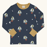 Maxomorra kids UFO organic cotton long sleeve top. Blue top with repeat UFO alien print and yellow arm cuffs and binding on the neck. 
