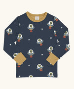 Maxomorra kids UFO organic cotton long sleeve top. Blue top with repeat UFO alien print and yellow arm cuffs and binding on the neck. 
