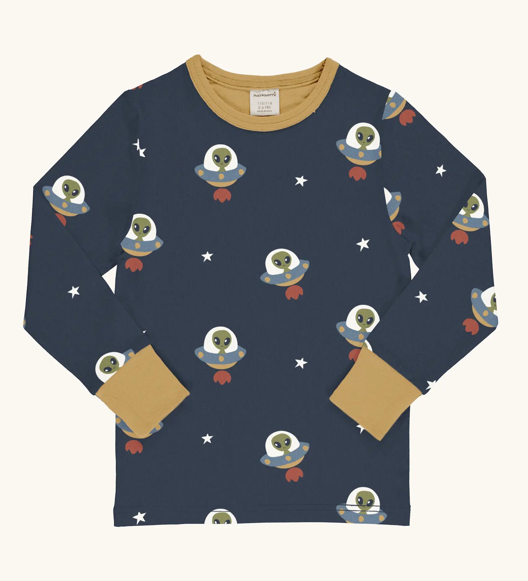 Maxomorra kids UFO organic cotton long sleeve top. Blue top with repeat UFO alien print and yellow arm cuffs and binding on the neck. 
