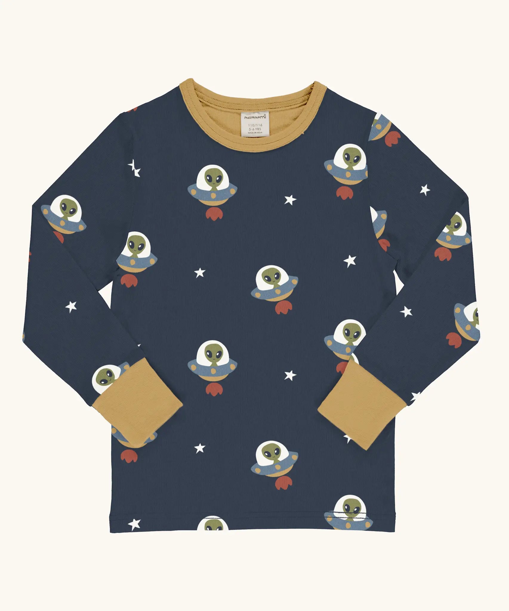 Maxomorra kids UFO organic cotton long sleeve top. Blue top with repeat UFO alien print and yellow arm cuffs and binding on the neck. 
