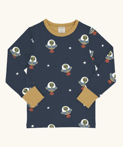 Maxomorra kids UFO organic cotton long sleeve top. Blue top with repeat UFO alien print and yellow arm cuffs and binding on the neck. 
