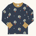 Maxomorra kids UFO organic cotton long sleeve top. Blue top with repeat UFO alien print and yellow arm cuffs and binding on the neck. 

