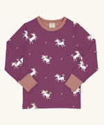 Maxomorra kids unicorns organic cotton long sleeve top. Purple top with  repeat unicorn print and light pink arm cuffs and binding on the neck. 
