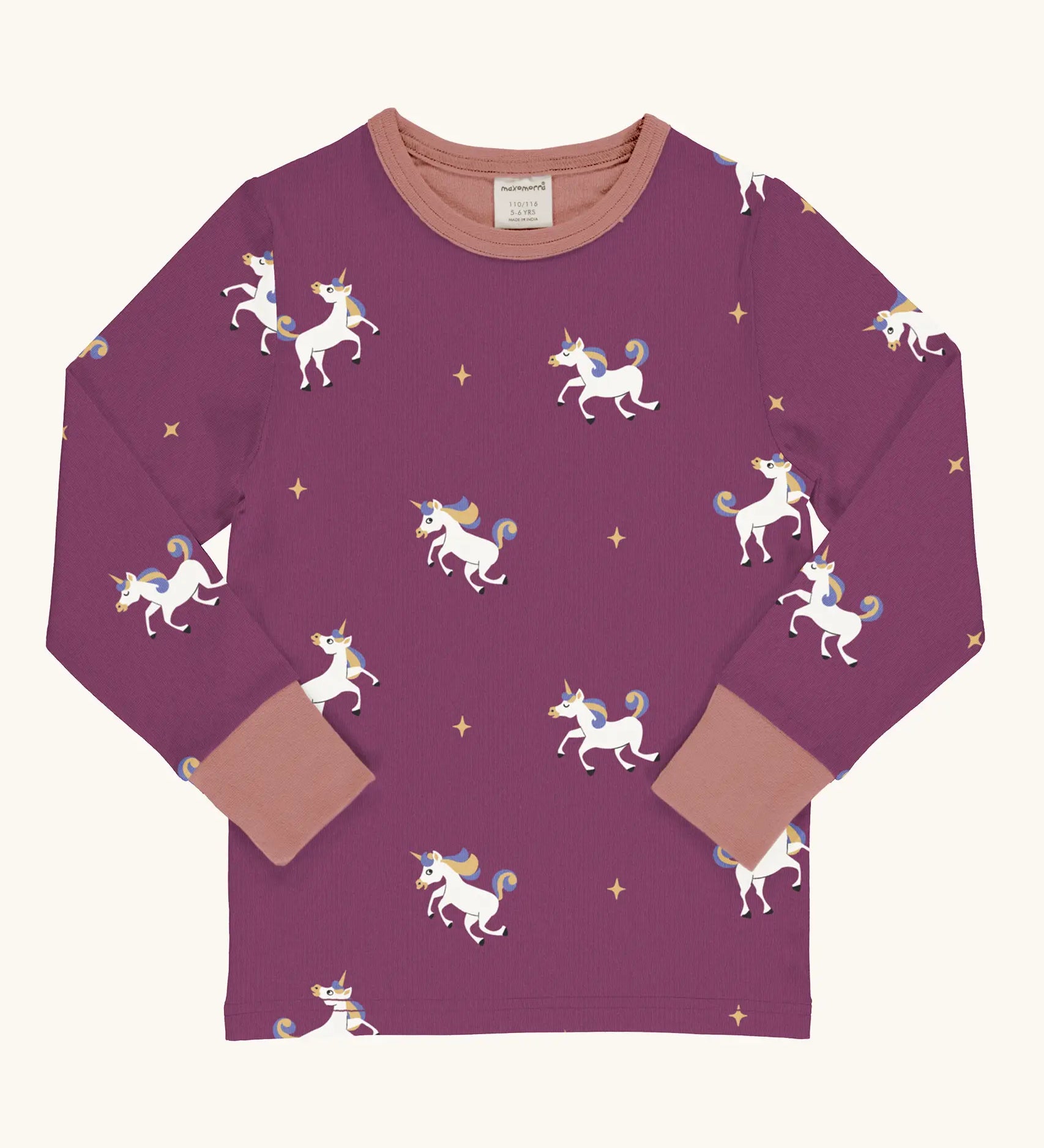 Maxomorra kids unicorns organic cotton long sleeve top. Purple top with  repeat unicorn print and light pink arm cuffs and binding on the neck. 
