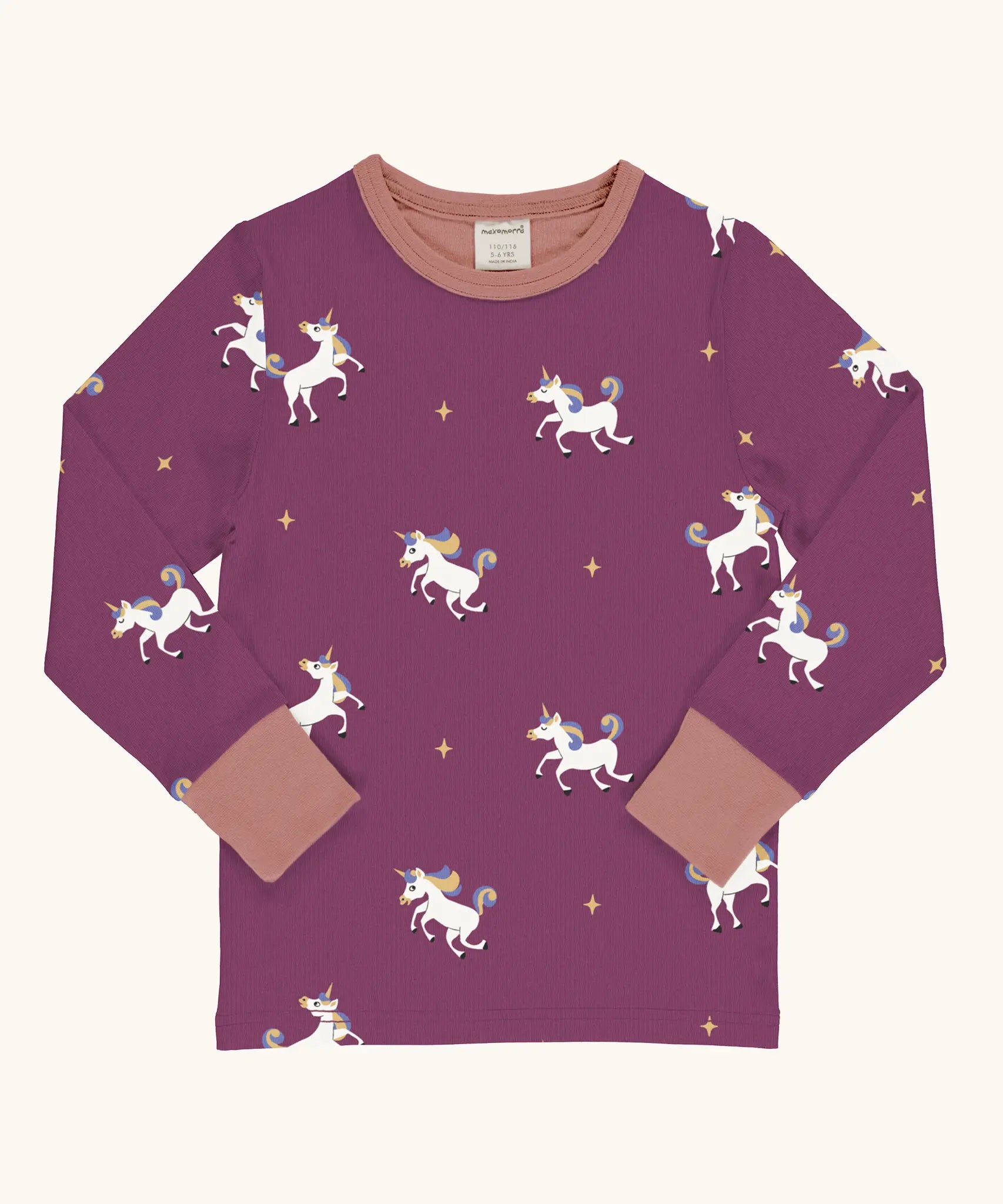 Maxomorra kids unicorns organic cotton long sleeve top. Purple top with  repeat unicorn print and light pink arm cuffs and binding on the neck. 
