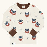 Maxomorra kids vikings organic cotton long sleeve top. Light coloured top with  repeat viking print and contrasting brown arm cuffs and binding on the neck. 
