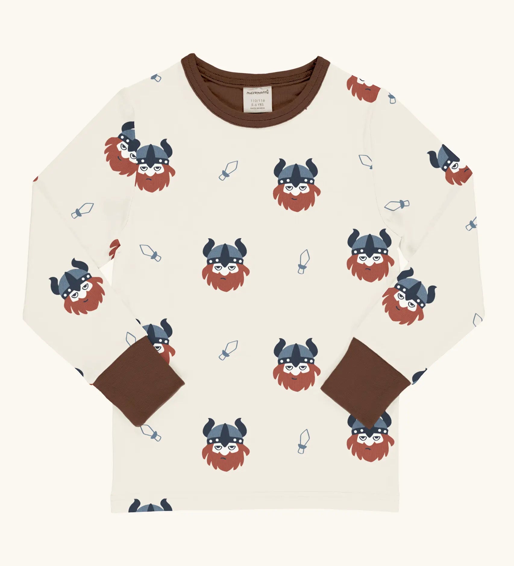 Maxomorra kids vikings organic cotton long sleeve top. Light coloured top with  repeat viking print and contrasting brown arm cuffs and binding on the neck. 
