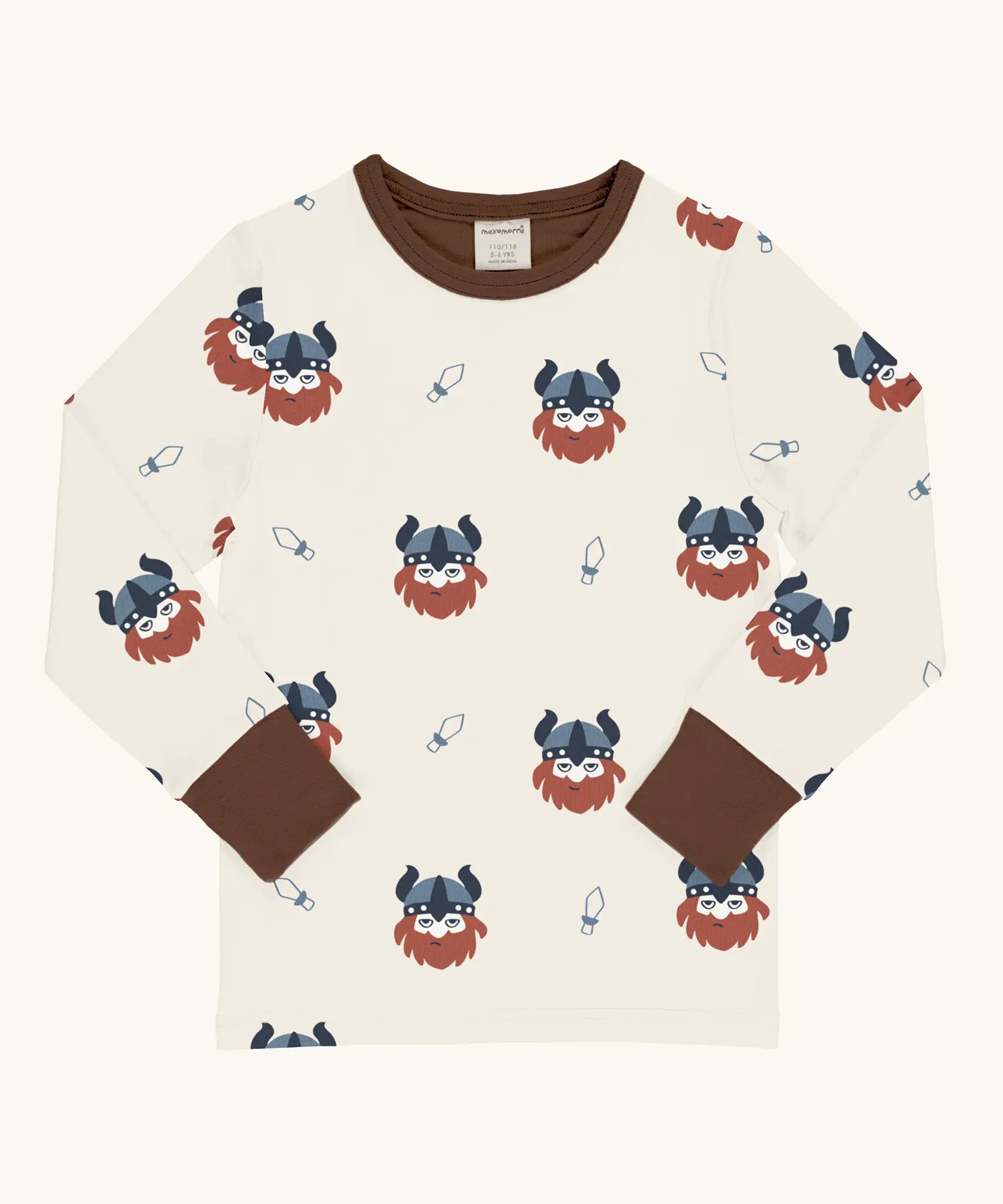Maxomorra kids vikings organic cotton long sleeve top. Light coloured top with  repeat viking print and contrasting brown arm cuffs and binding on the neck. 
