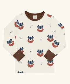 Maxomorra kids vikings organic cotton long sleeve top. Light coloured top with  repeat viking print and contrasting brown arm cuffs and binding on the neck. 
