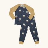 Maxomorra kids organic cotton long sleeved top and trousers pyjama set with ufo print. Blue background with green aliens in a ufo with white stars. The top has yellow block colour arms and neck trim, the trousers have yellow leg cuffs.