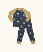 Maxomorra kids organic cotton long sleeved top and trousers pyjama set with ufo print. Blue background with green aliens in a ufo with white stars. The top has yellow block colour arms and neck trim, the trousers have yellow leg cuffs.
