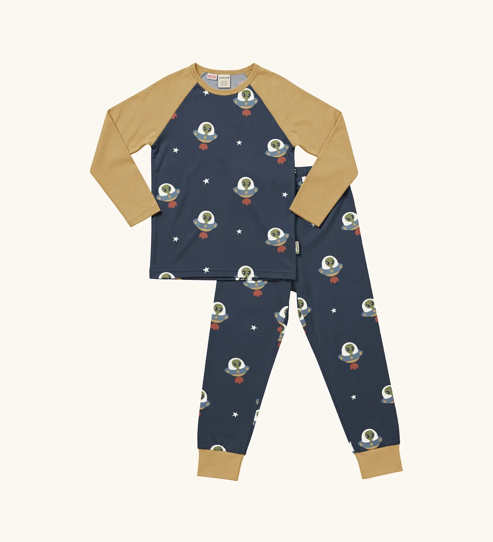 Maxomorra kids organic cotton long sleeved top and trousers pyjama set with ufo print. Blue background with green aliens in a ufo with white stars. The top has yellow block colour arms and neck trim, the trousers have yellow leg cuffs.