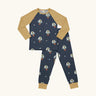 Maxomorra kids organic cotton long sleeved top and trousers pyjama set with ufo print. Blue background with green aliens in a ufo with white stars. The top has yellow block colour arms and neck trim, the trousers have yellow leg cuffs.