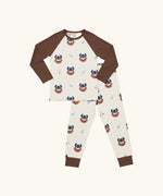 Maxomorra kids organic cotton long sleeved top and trousers pyjama set with vikings print. Light cream background with bearded viking wearing a hat and blue dagger sword outlines. The top has brown block colour arms and neck trim, the trousers have brown leg cuffs.