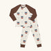 Maxomorra kids organic cotton long sleeved top and trousers pyjama set with vikings print. Light cream background with bearded viking wearing a hat and blue dagger sword outlines. The top has brown block colour arms and neck trim, the trousers have brown leg cuffs.