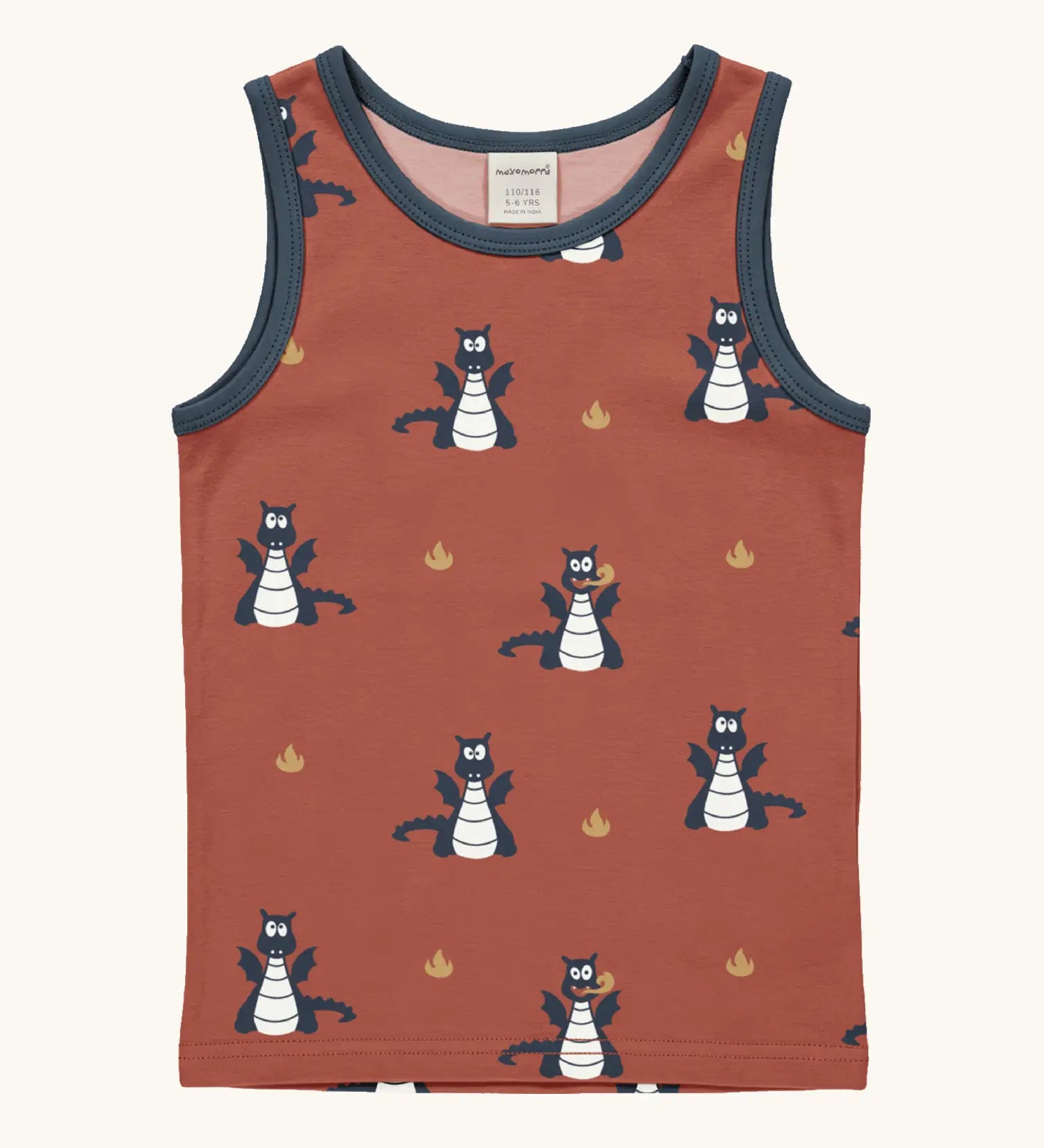 Maxomorra kids dragons organic cotton vest. Red sleeveless vest top with repeat print featuring a blue dragon and yellow fire outlines with blue binding on the neck and arm holes. 
