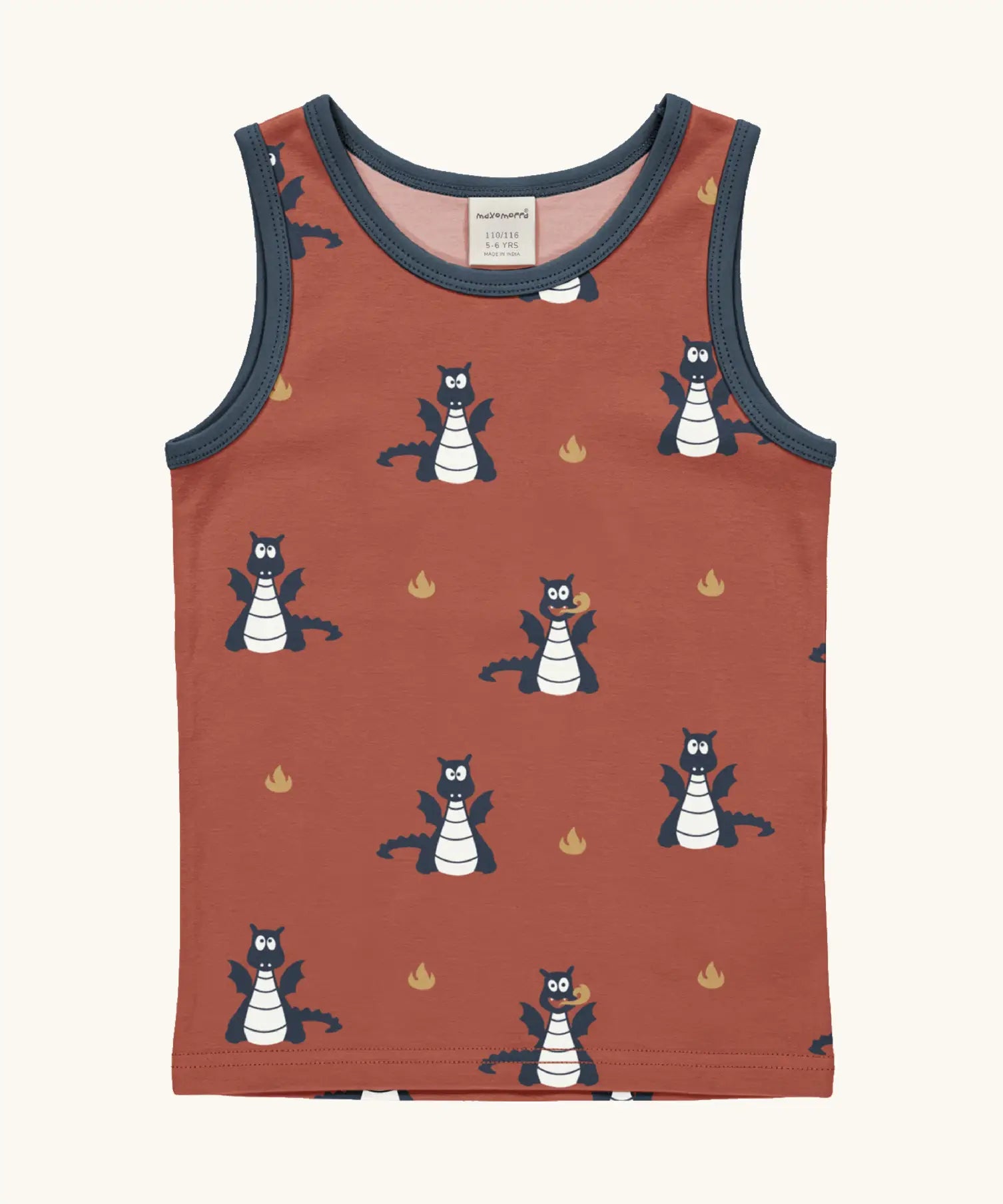 Maxomorra kids dragons organic cotton vest. Red sleeveless vest top with repeat print featuring a blue dragon and yellow fire outlines with blue binding on the neck and arm holes. 
