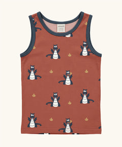 Maxomorra kids dragons organic cotton vest. Red sleeveless vest top with repeat print featuring a blue dragon and yellow fire outlines with blue binding on the neck and arm holes. 
