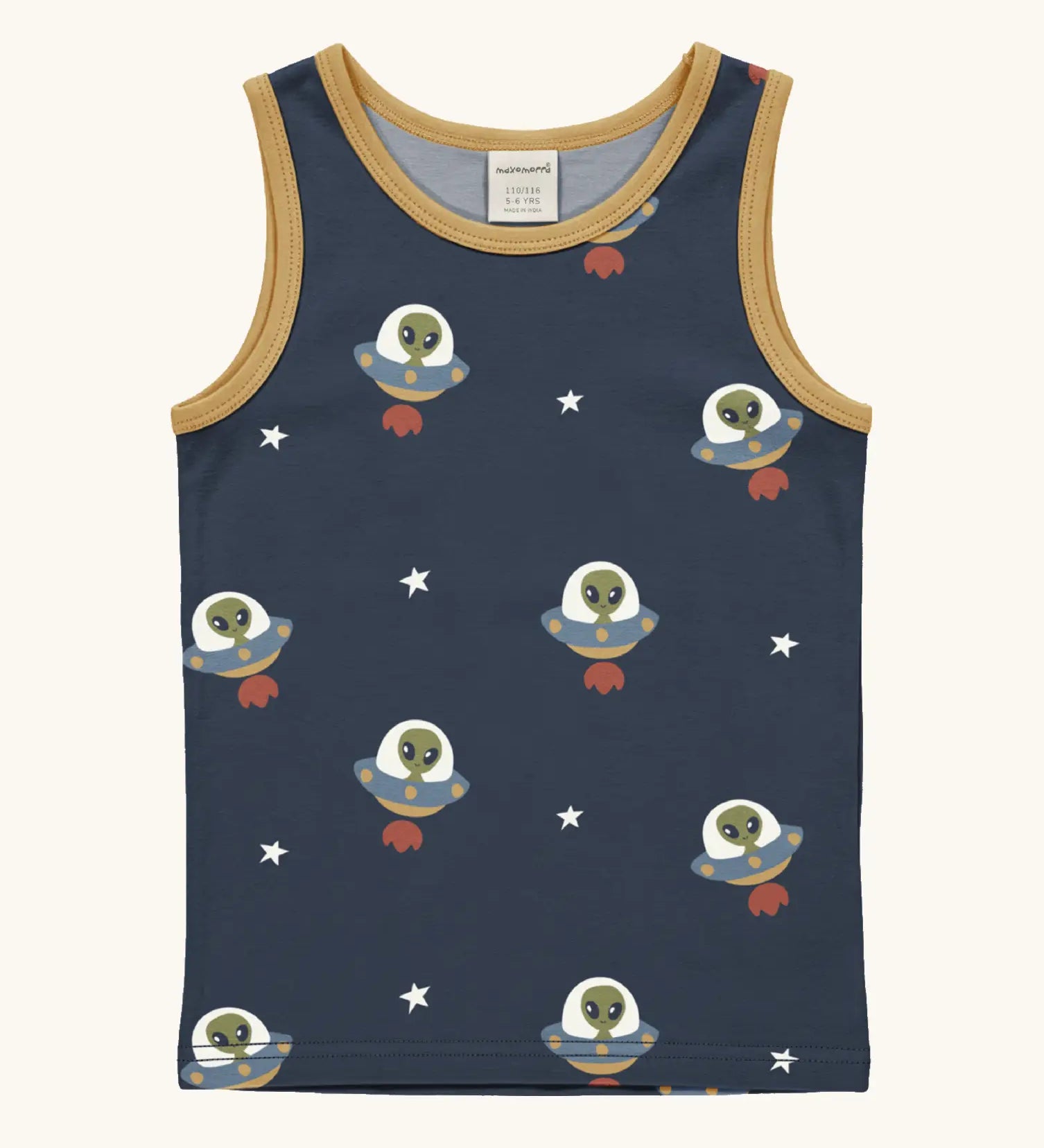 Maxomorra kids unicorns organic cotton vest. Blue sleeveless vest top with repeat print featuring a green alien in a UGO and white stars with yellow binding on the neck and arm holes. 
