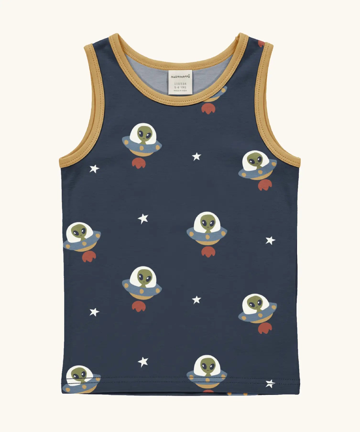 Maxomorra kids unicorns organic cotton vest. Blue sleeveless vest top with repeat print featuring a green alien in a UGO and white stars with yellow binding on the neck and arm holes. 
