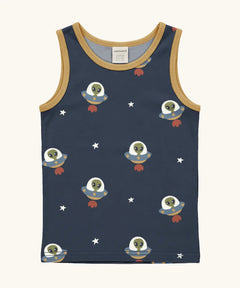 Maxomorra kids unicorns organic cotton vest. Blue sleeveless vest top with repeat print featuring a green alien in a UGO and white stars with yellow binding on the neck and arm holes. 
