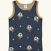 Maxomorra kids unicorns organic cotton vest. Blue sleeveless vest top with repeat print featuring a green alien in a UGO and white stars with yellow binding on the neck and arm holes. 
