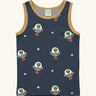 Maxomorra kids unicorns organic cotton vest. Blue sleeveless vest top with repeat print featuring a green alien in a UGO and white stars with yellow binding on the neck and arm holes. 
