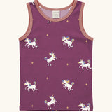 Maxomorra kids unicorns organic cotton vest. Purple sleeveless vest top with repeat unicorn print and light pink binding on the neck and arm holes. 
