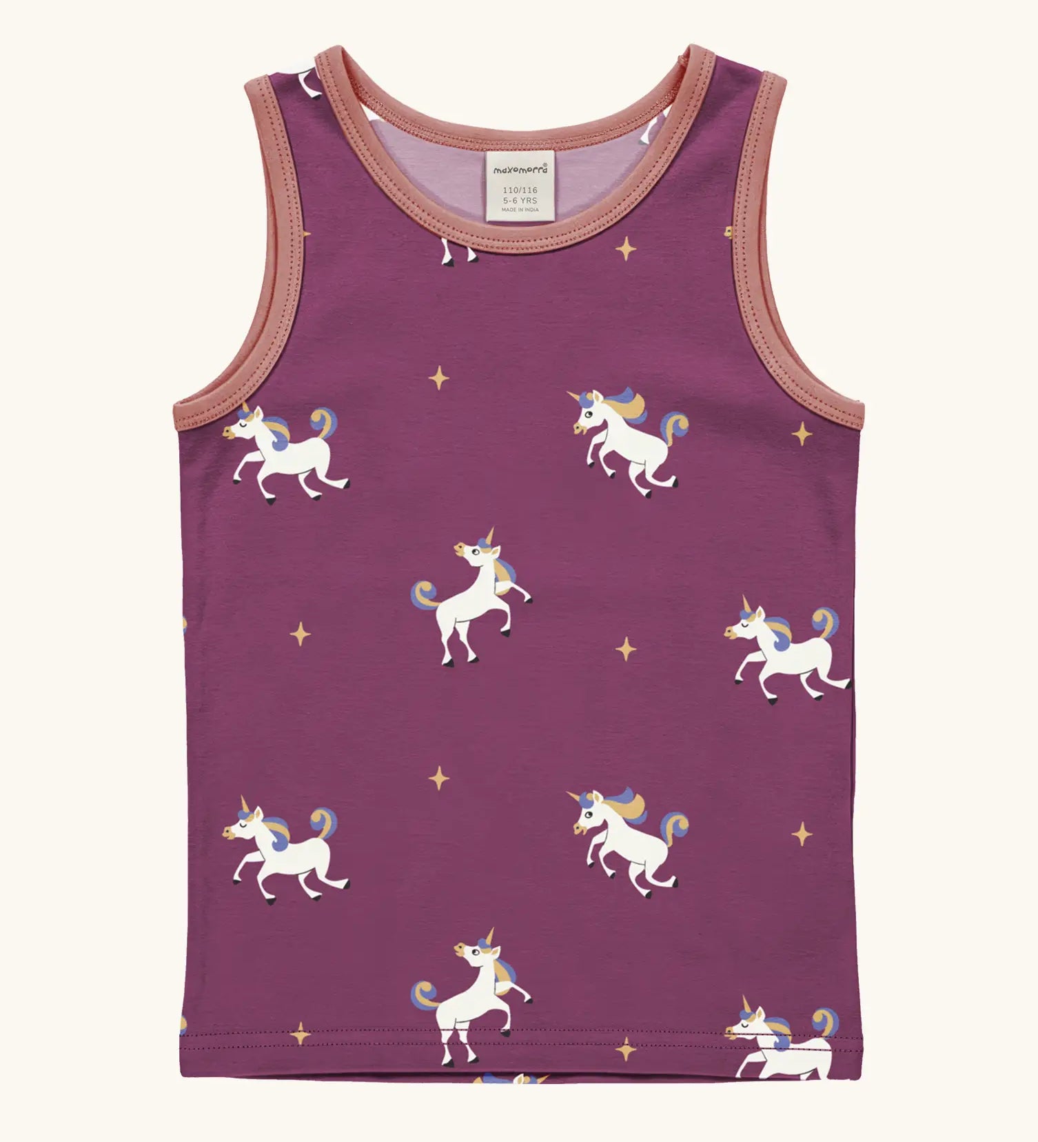 Maxomorra kids unicorns organic cotton vest. Purple sleeveless vest top with repeat unicorn print and light pink binding on the neck and arm holes. 

