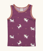 Maxomorra kids unicorns organic cotton vest. Purple sleeveless vest top with repeat unicorn print and light pink binding on the neck and arm holes. 
