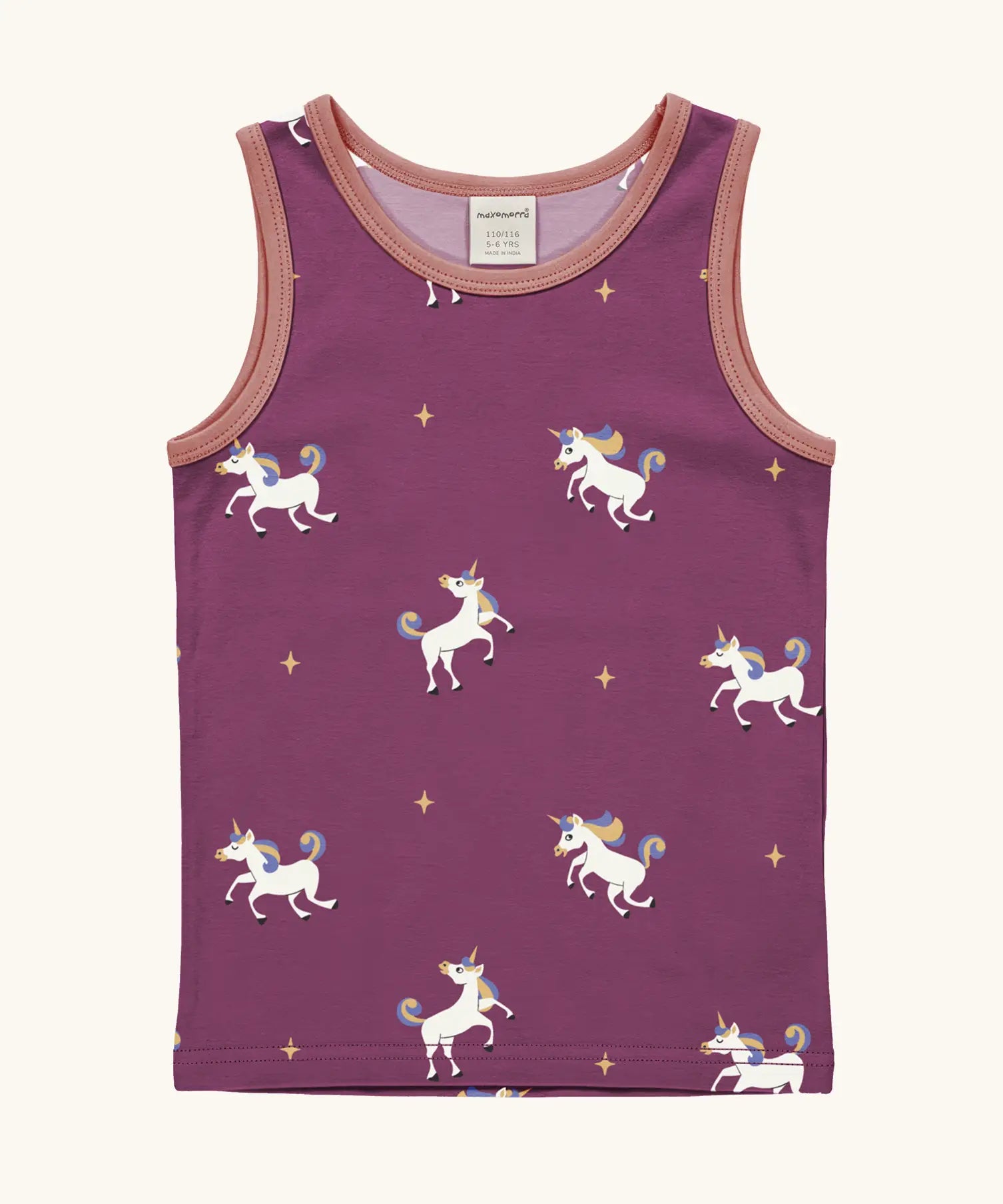 Maxomorra kids unicorns organic cotton vest. Purple sleeveless vest top with repeat unicorn print and light pink binding on the neck and arm holes. 
