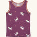Maxomorra kids unicorns organic cotton vest. Purple sleeveless vest top with repeat unicorn print and light pink binding on the neck and arm holes. 
