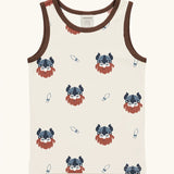 Maxomorra kids vikings organic cotton vest. Light coloured sleeveless vest top with repeat viking print and contrasting brown binding on the neck and arm holes. 
