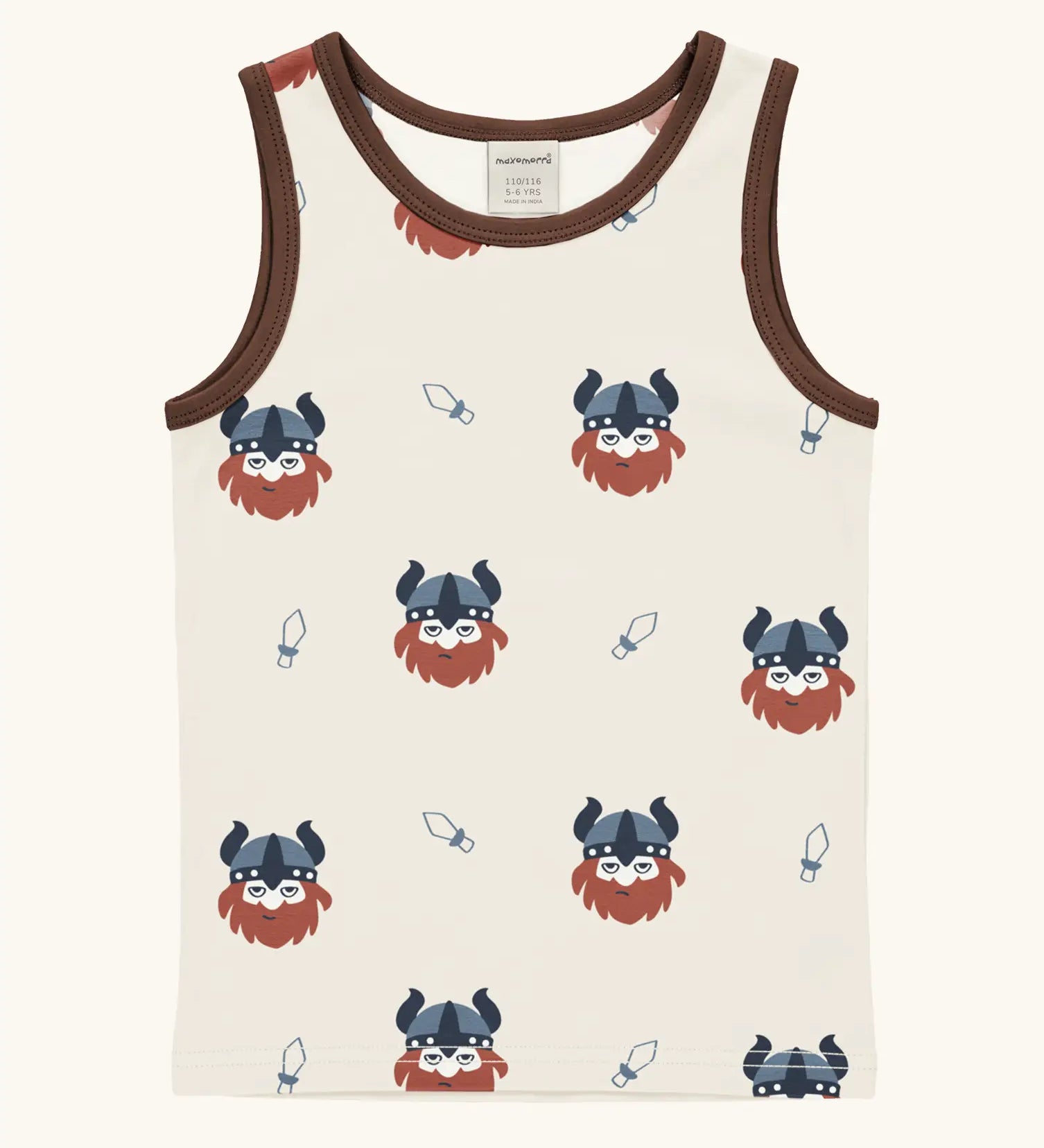 Maxomorra kids vikings organic cotton vest. Light coloured sleeveless vest top with repeat viking print and contrasting brown binding on the neck and arm holes. 
