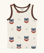 Maxomorra kids vikings organic cotton vest. Light coloured sleeveless vest top with repeat viking print and contrasting brown binding on the neck and arm holes. 
