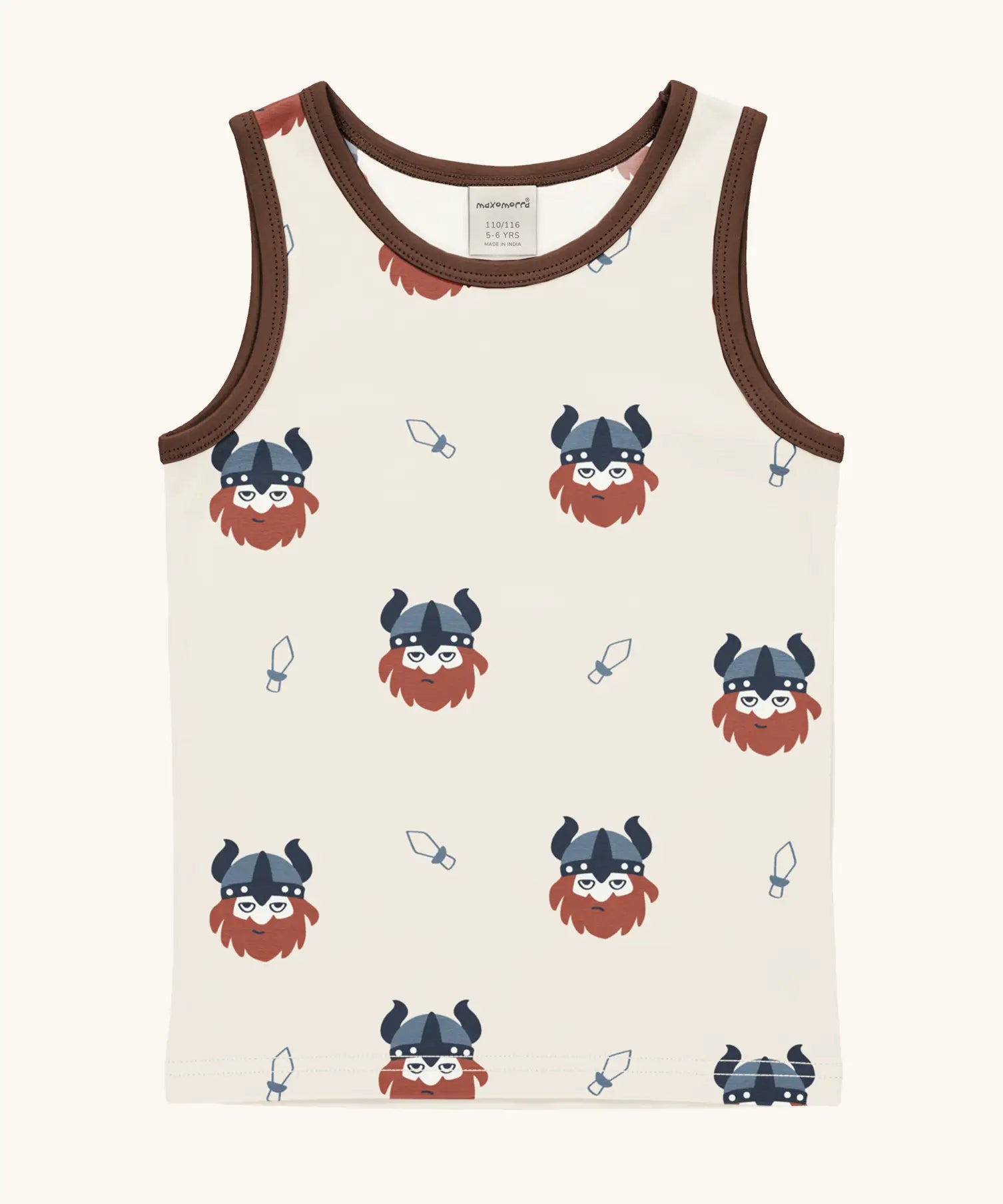 Maxomorra kids vikings organic cotton vest. Light coloured sleeveless vest top with repeat viking print and contrasting brown binding on the neck and arm holes. 
