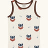 Maxomorra kids vikings organic cotton vest. Light coloured sleeveless vest top with repeat viking print and contrasting brown binding on the neck and arm holes. 

