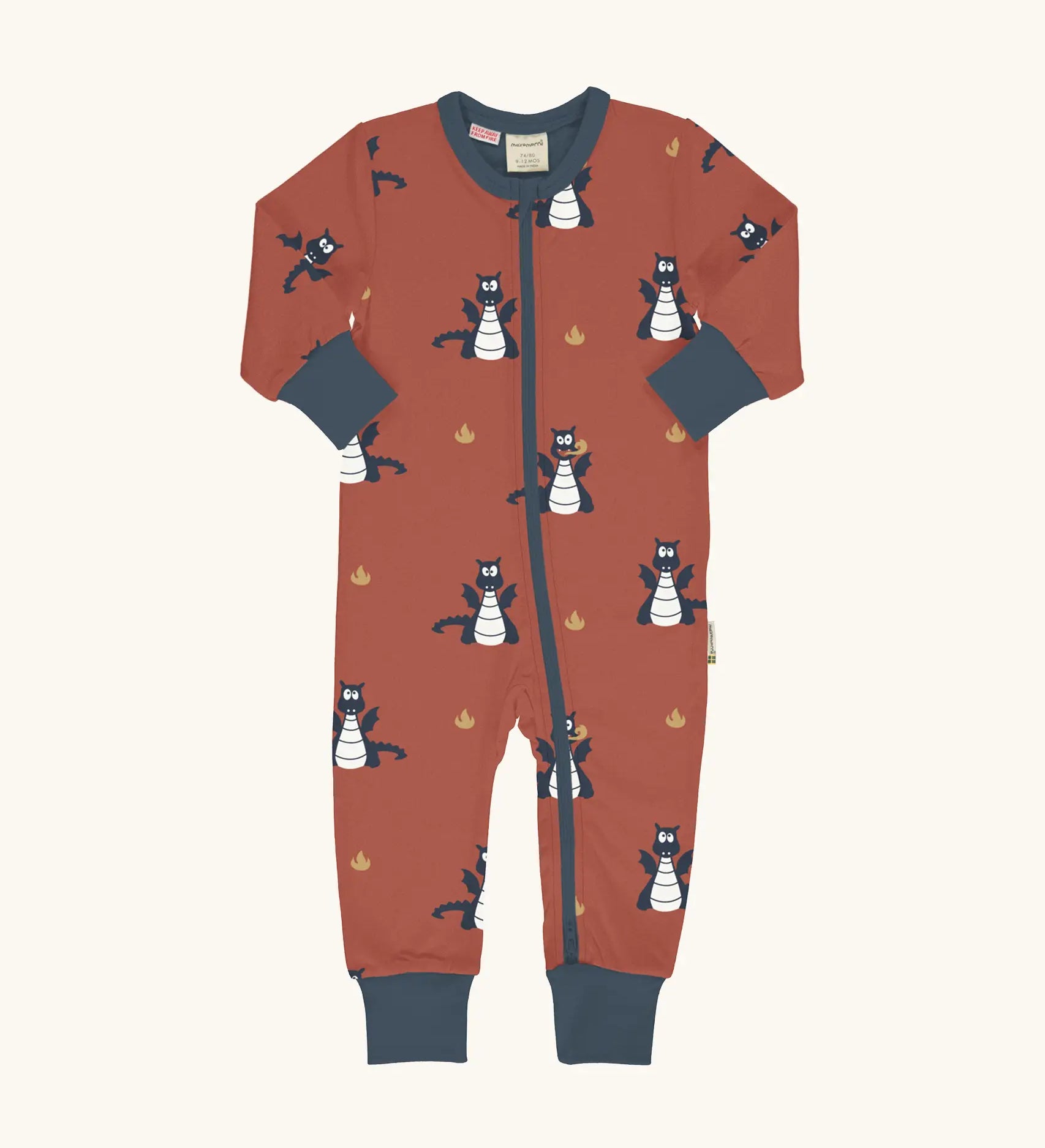 Maxomorra organic cotton zipped babygrow with dragon print. Red background with repeat print featuring blue dragons with yellow fire outlines and blue arm cuffs, binding on the neck and zip. 