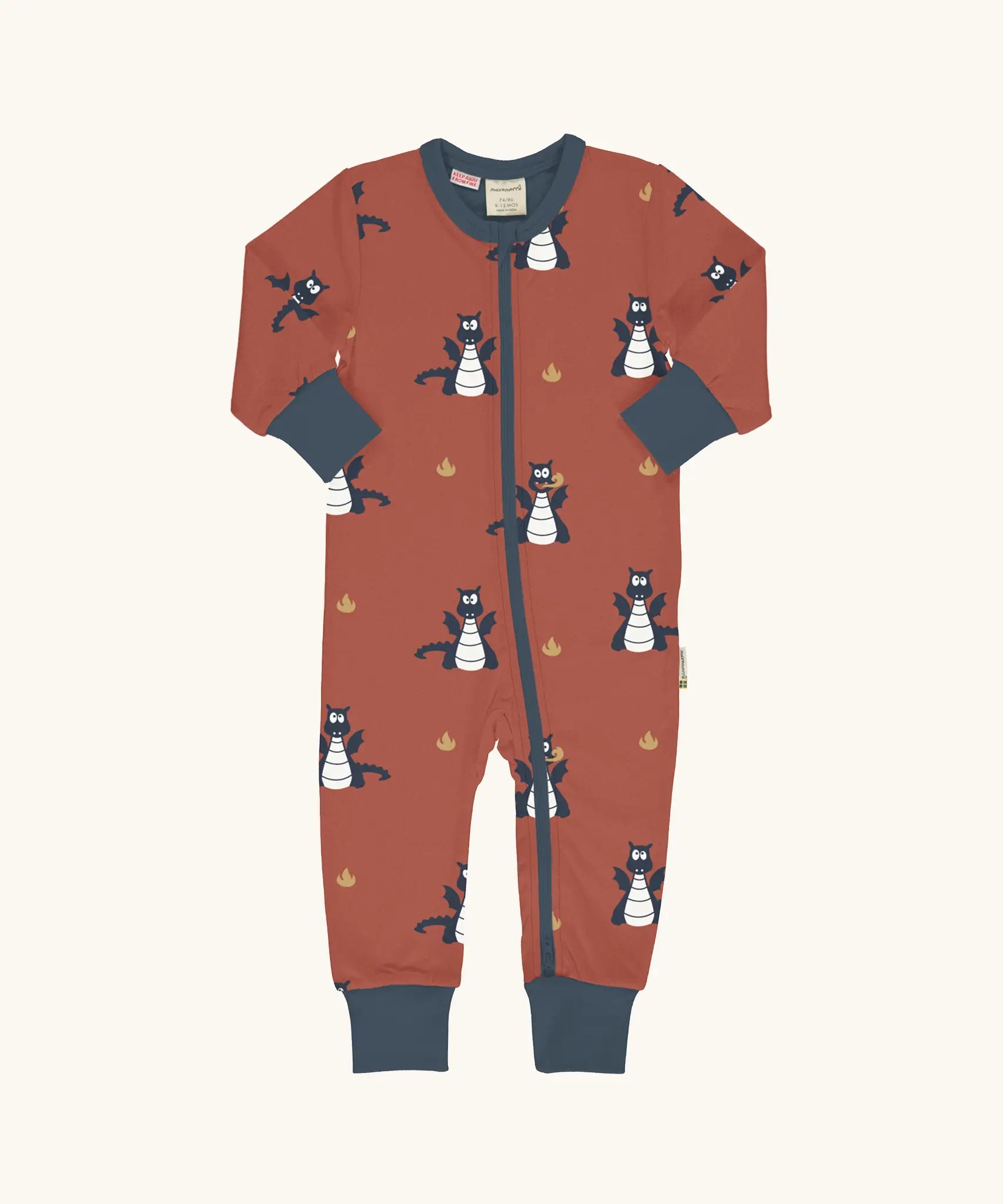 Maxomorra organic cotton zipped babygrow with dragon print. Red background with repeat print featuring blue dragons with yellow fire outlines and blue arm cuffs, binding on the neck and zip. 