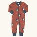 Maxomorra organic cotton zipped babygrow with dragon print. Red background with repeat print featuring blue dragons with yellow fire outlines and blue arm cuffs, binding on the neck and zip. 